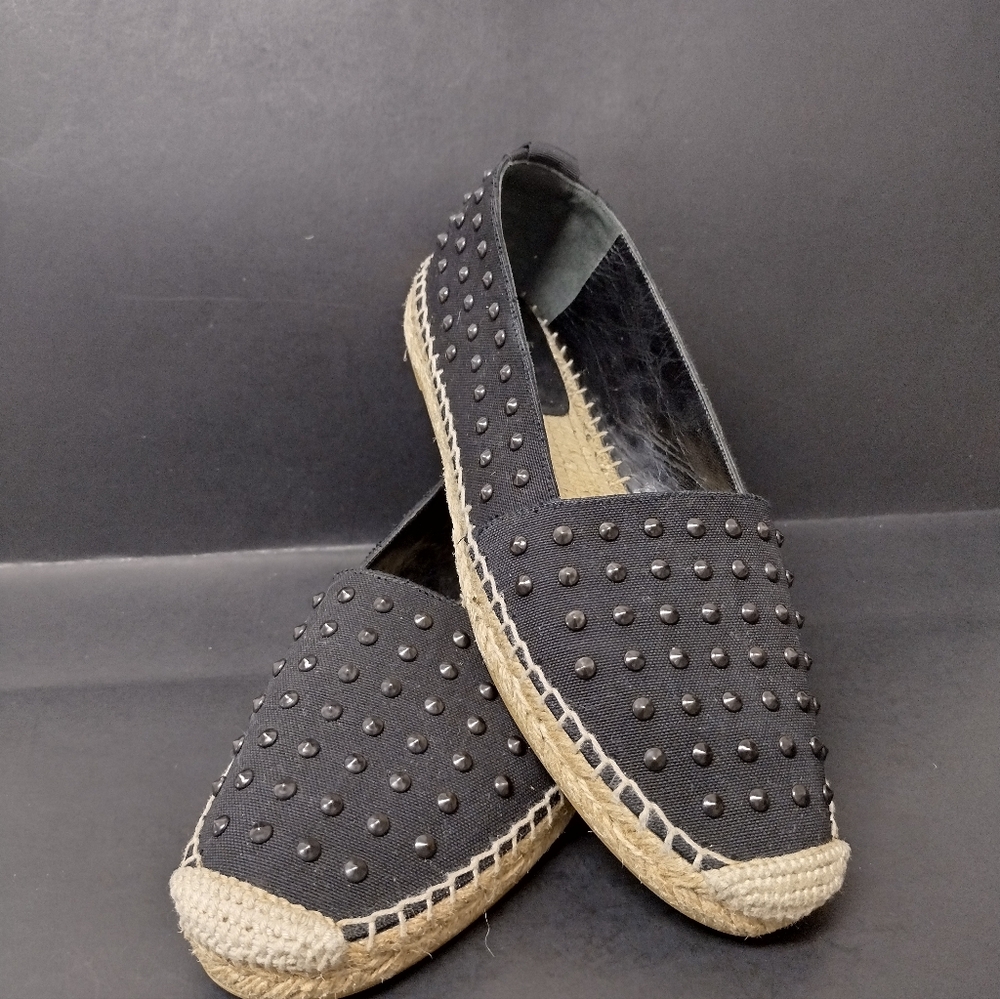 -SAINT LAURENT -  BLACK CANVAS STUDDED ESPADRILLES  WOMEN'S  SHOES SIZE : 7.5
